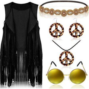 6 Pcs 60s 70s Outfits for Women Hippie Costume Set Peace Sign Earring Headband